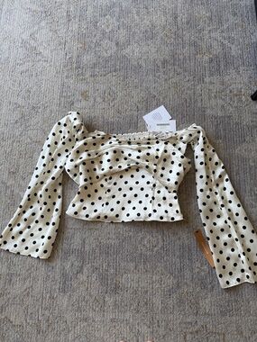 Polka Dot Off-Shoulder Long Sleeve Top - Cream/Black